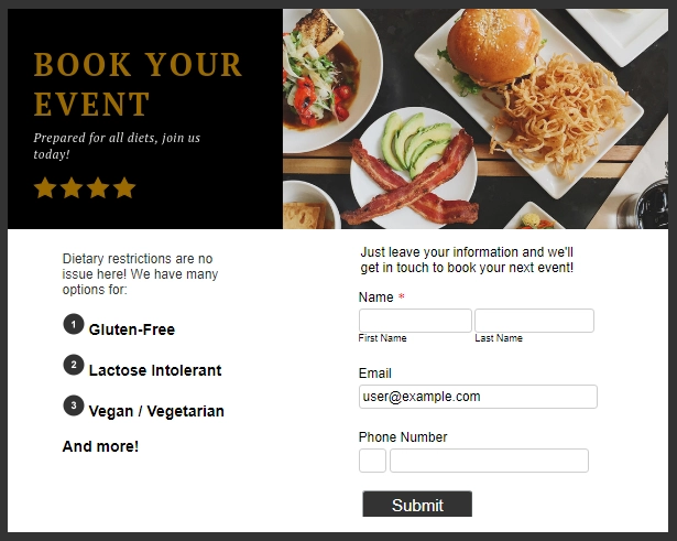 Example of a high converting landing page for restaurants